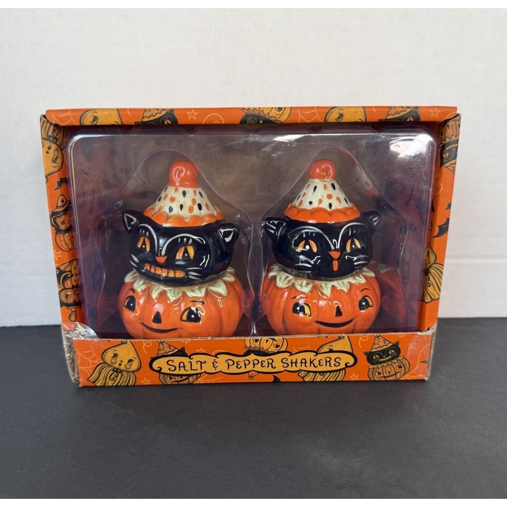 Johanna Parker Halloween Black Cat Pumpkin Salt & Pepper Shakers Set Retro Style